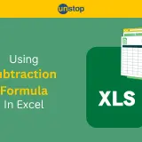 Naucz się odejmowania w Excelu. Grafika przedstawia arkusz kalkulacyjny i tekst "Using Subtraction Formula In Excel".