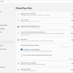Ustawienia programu PowerToys: PowerToys Run, z włączonymi funkcjami jak Polecenia systemu Windows, Unit Converter, Web Search.