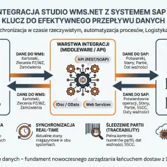 Schemat integracji SAP z WMS.NET: przepływ danych między systemami, automatyzacja procesów i synchronizacja w czasie rzeczywistym.