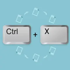 Klawisze Ctrl + X symbolizują skrót klawiszowy wytnij, pokazany jako dokumenty wirujące wokół.