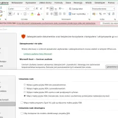 Ustawienia makr w Excelu: opcje włączania i wyłączania makr VBA, w tym ostrzeżenie o potencjalnie niebezpiecznym kodzie.