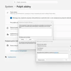 Ustawienia systemu Windows: włączony pulpit zdalny, zarządzanie użytkownikami i pomoc techniczna.