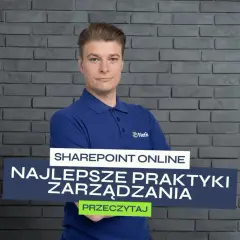 Mężczyzna w koszulce z logo Netic prezentuje najlepsze praktyki zarządzania w SharePoint Online.