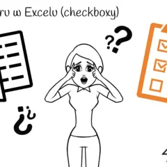 Kobieta zdezorientowana przed ikoną Excela i listą zadań z polami wyboru.