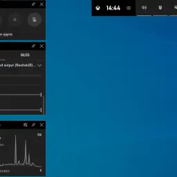 Zrzut ekranu Windows 10: okno "Dźwięk" z suwakami głośności, okno "Wydajność" pokazujące obciążenie CPU, GPU i RAM, oraz pasek zadań z godziną.