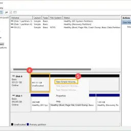 Zarządzanie dyskami Windows 11: tworzenie nowego prostego woluminu na nieprzydzielonym miejscu.