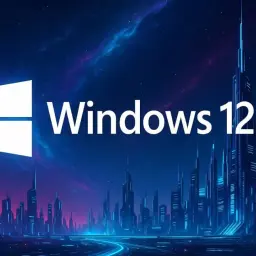 Futurystyczne miasto nocą, logo Windows 12 i tekst "Windows 12". Czekamy na windows 12 release date.