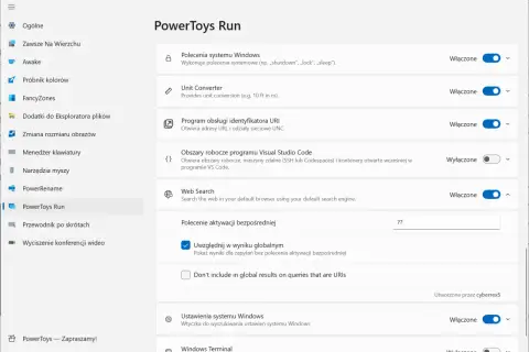 Ustawienia programu PowerToys: PowerToys Run, z włączonymi funkcjami jak Polecenia systemu Windows, Unit Converter, Web Search.