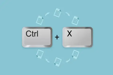 Klawisze Ctrl + X symbolizują skrót klawiszowy wytnij, pokazany jako dokumenty wirujące wokół.