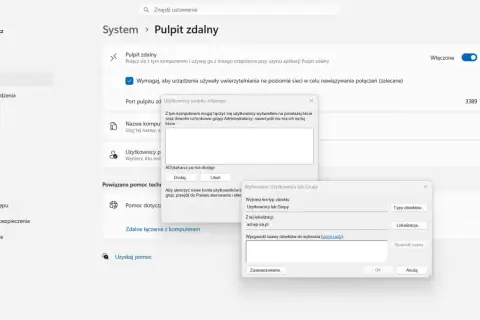 Ustawienia systemu Windows: włączony pulpit zdalny, zarządzanie użytkownikami i pomoc techniczna.