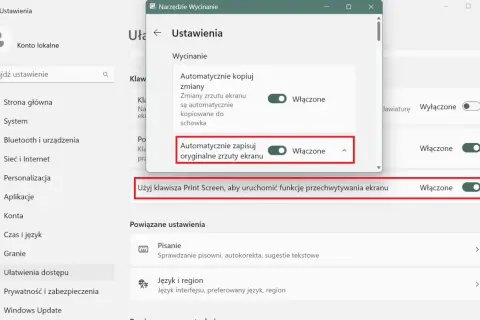 Ustawienia Windows: włączone automatyczne zapisywanie zrzutów ekranu i używanie klawisza Print Screen do przechwytywania.