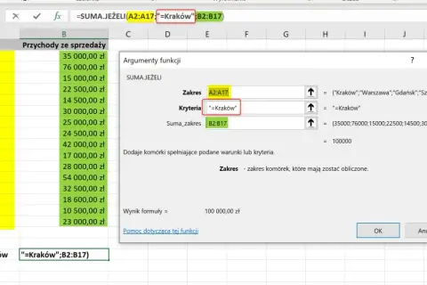Formuła SUMA.JEŻELI oblicza przychody dla Krakowa, sumując wartości z kolumny B, gdy w kolumnie A widnieje "Kraków".