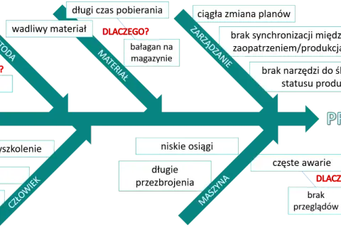 Diagram Ishikawy analizuje przyczyny problemów: metody, materiały, zarządzanie, człowieka i maszynę.
