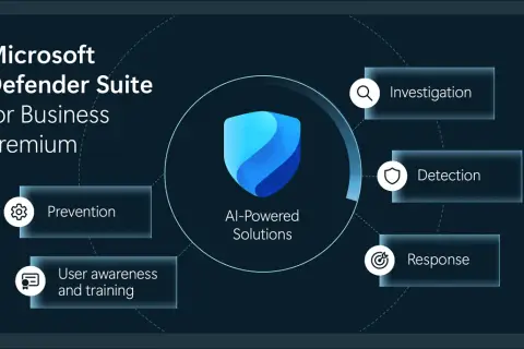 Microsoft Defender Suite dla firm Premium: zapobieganie, wykrywanie, reagowanie, dochodzenie i szkolenia użytkowników dzięki rozwiązaniom AI.