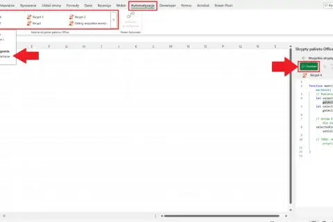 Wybieranie opcji "Automatyzacja" w Excelu, aby uruchomić skrypt, który zmienia kolor komórki.