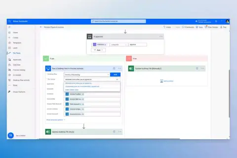 Automatyzacja procesu faktur za pomocą Power Automate Desktop. Przepływ sprawdza zatwierdzenie, a następnie uruchamia proces na pulpicie lub aktualizuje plik.