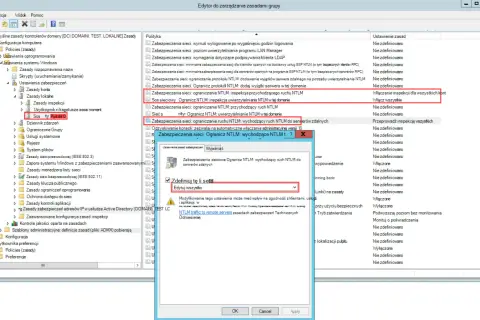Edytor zasad grupy pokazuje ustawienia msconfig dotyczące ruchu NTLM.