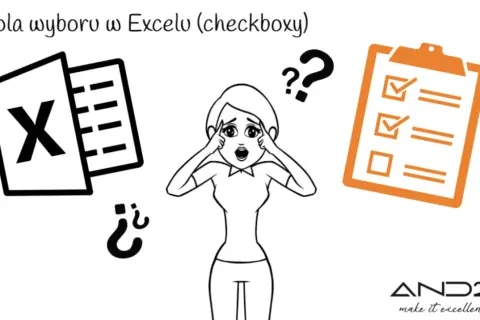 Kobieta zdezorientowana przed ikoną Excela i listą zadań z polami wyboru.