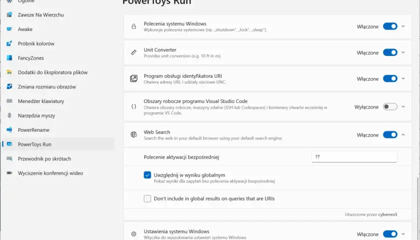 Ustawienia programu PowerToys: PowerToys Run, z włączonymi funkcjami jak Polecenia systemu Windows, Unit Converter, Web Search.