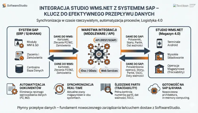 Schemat integracji SAP z WMS.NET: przepływ danych między systemami, automatyzacja procesów i synchronizacja w czasie rzeczywistym.