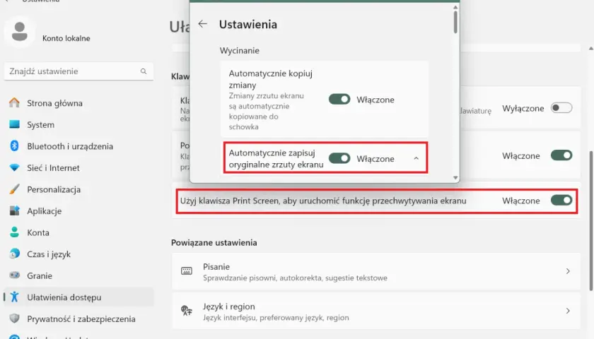 Ustawienia Windows: włączone automatyczne zapisywanie zrzutów ekranu i używanie klawisza Print Screen do przechwytywania.