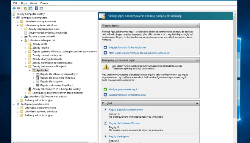 Edytor zasad grupy pokazuje konfigurację funkcji AppLocker, która kontroluje dostęp do aplikacji.