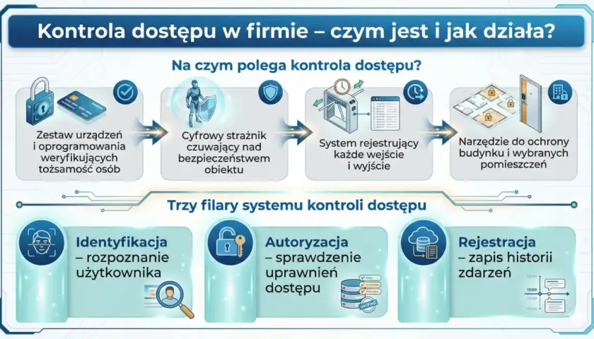 System kontroli dostępu: identyfikacja, autoryzacja (sprawdzenie uprawnień) i rejestracja zdarzeń.