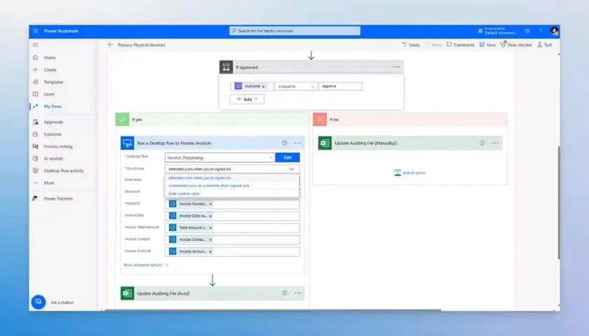 Automatyzacja procesu faktur za pomocą Power Automate Desktop. Przepływ sprawdza zatwierdzenie, a następnie uruchamia proces na pulpicie lub aktualizuje plik.