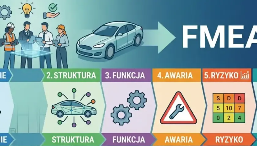 Proces FMEA: planowanie, struktura, funkcja, awaria, ryzyko i wynik. Zespół analizuje dane, by zapobiec problemom.