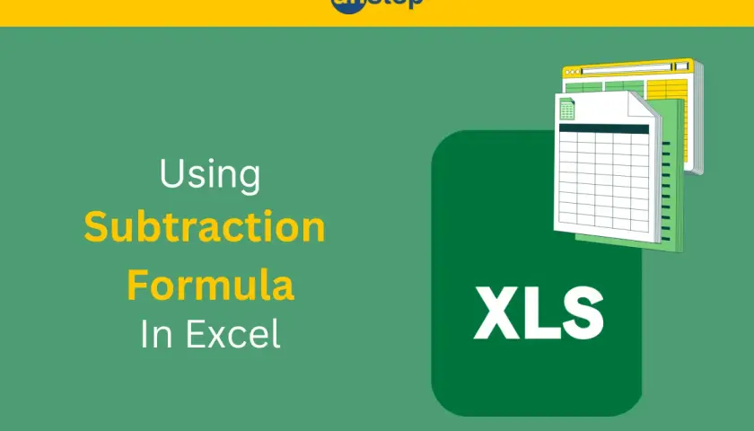 Naucz się odejmowania w Excelu. Grafika przedstawia arkusz kalkulacyjny i tekst "Using Subtraction Formula In Excel".