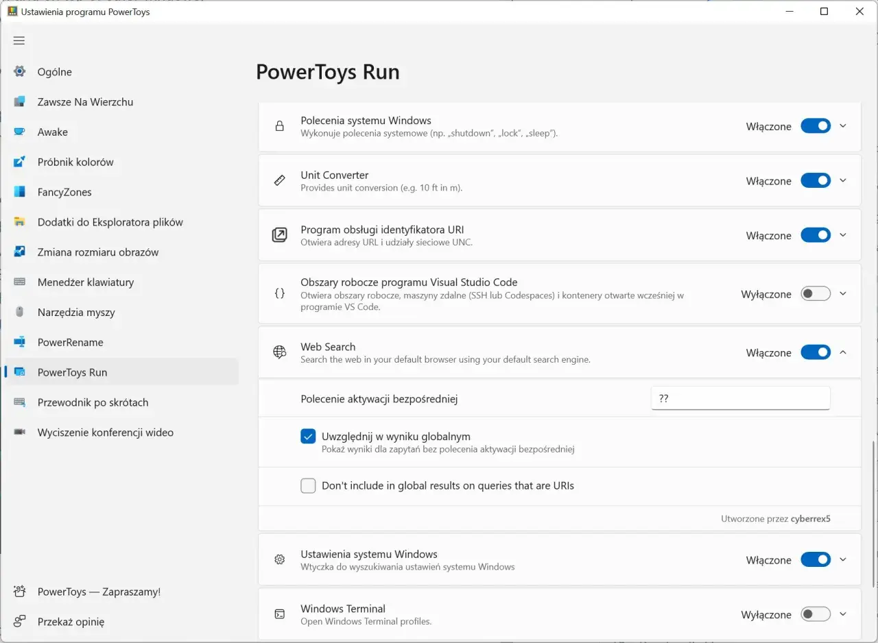 Ustawienia programu PowerToys: PowerToys Run, z włączonymi funkcjami jak Polecenia systemu Windows, Unit Converter, Web Search.