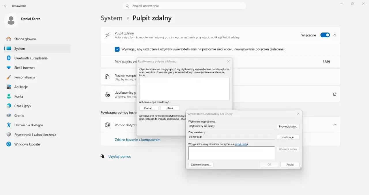 Ustawienia systemu Windows: włączony pulpit zdalny, zarządzanie użytkownikami i pomoc techniczna.