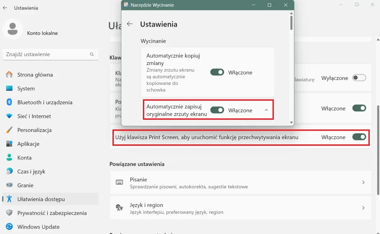 Ustawienia Windows: włączone automatyczne zapisywanie zrzutów ekranu i używanie klawisza Print Screen do przechwytywania.