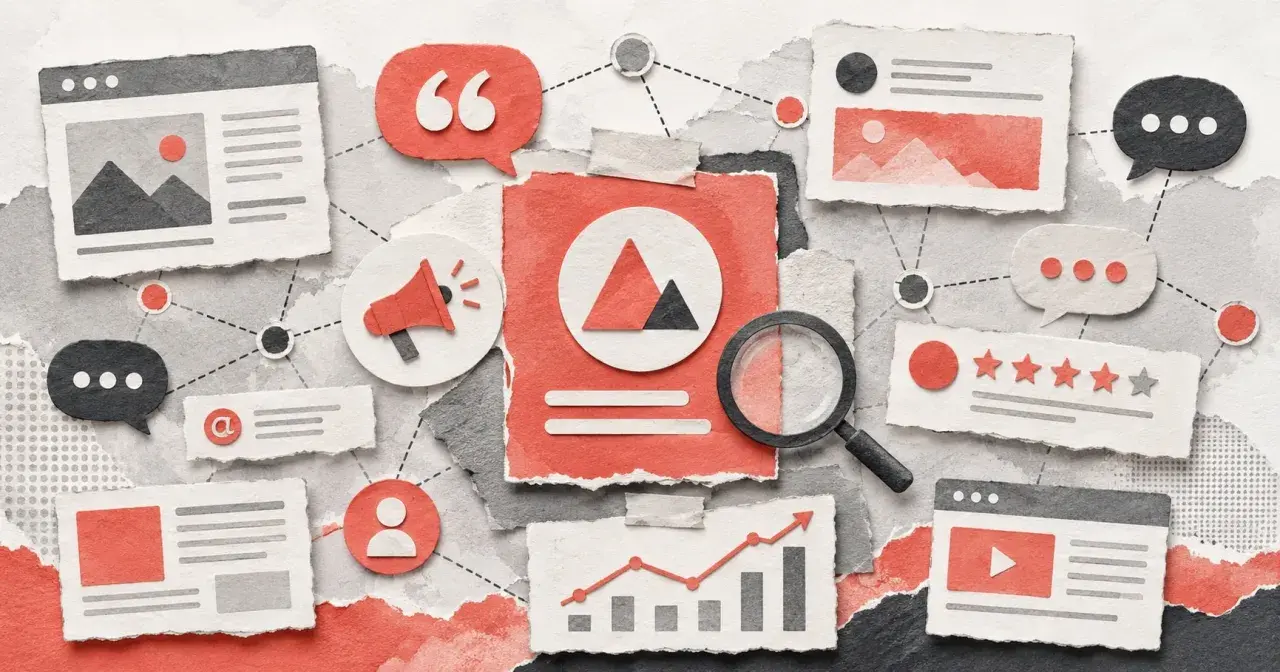 5 sygnałów, że Twoja agencja SEO kupuje złe linki: grafika przedstawia elementy marketingu cyfrowego, analizy i komunikacji.