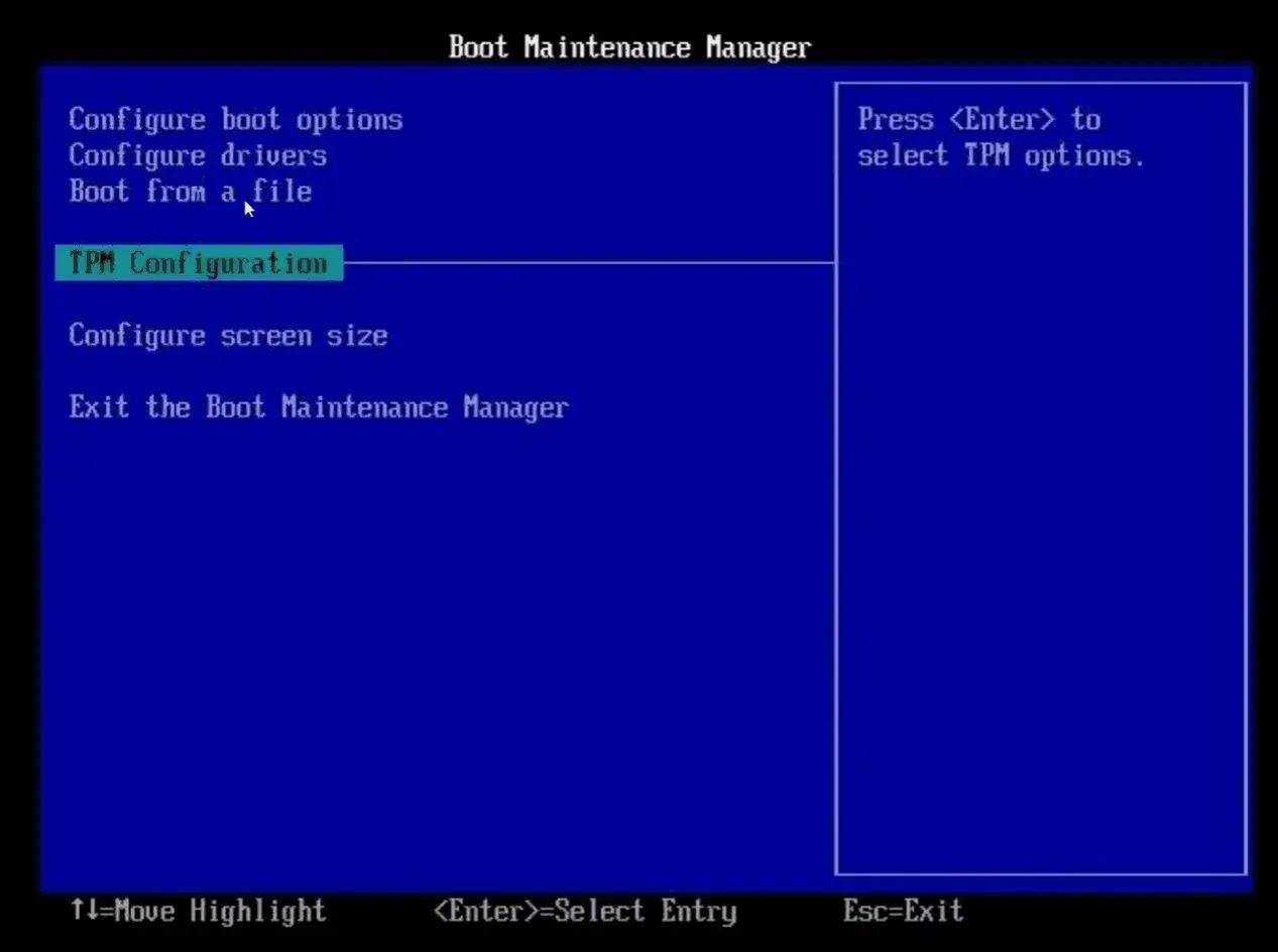 Ekran Boot Maintenance Manager. Wybierz "TPM Configuration", aby włączyć TPM 2.0.