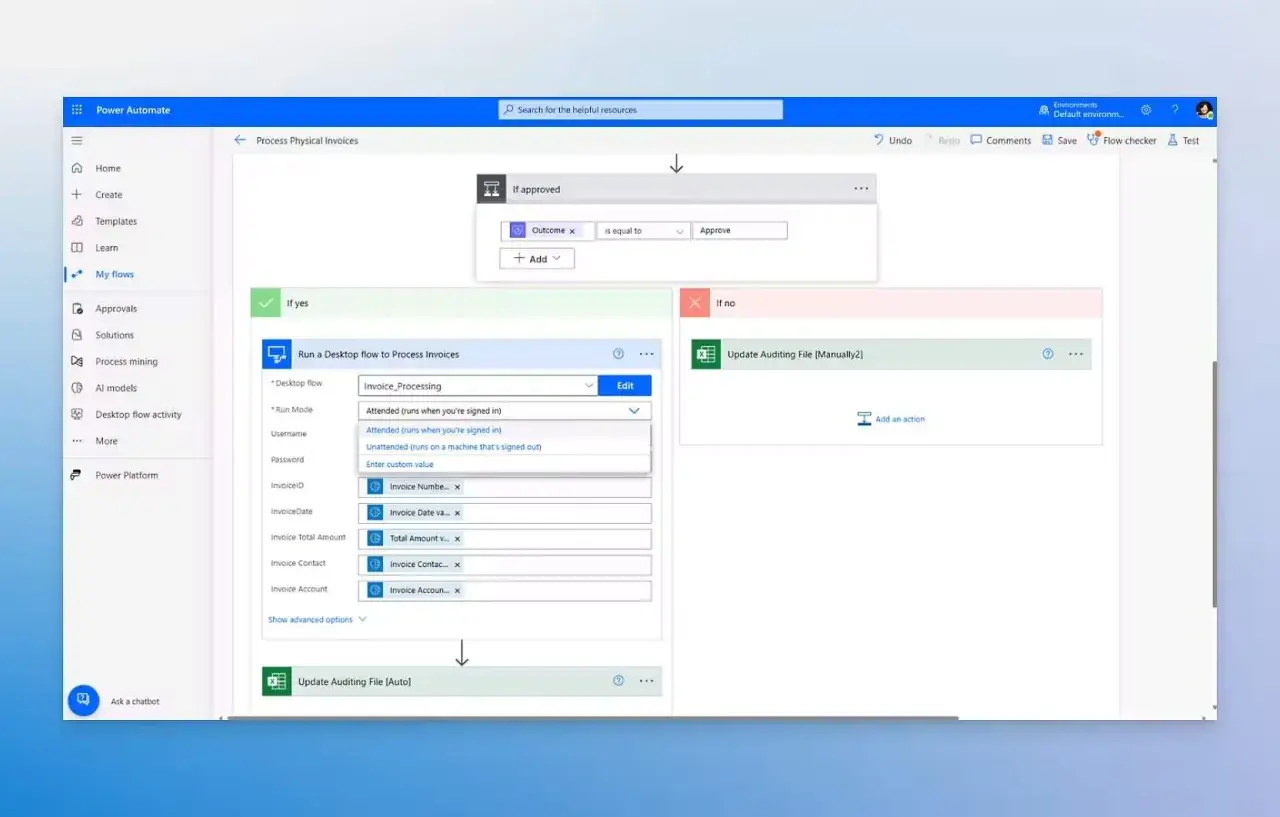 Automatyzacja procesu faktur za pomocą Power Automate Desktop. Przepływ sprawdza zatwierdzenie, a następnie uruchamia proces na pulpicie lub aktualizuje plik.
