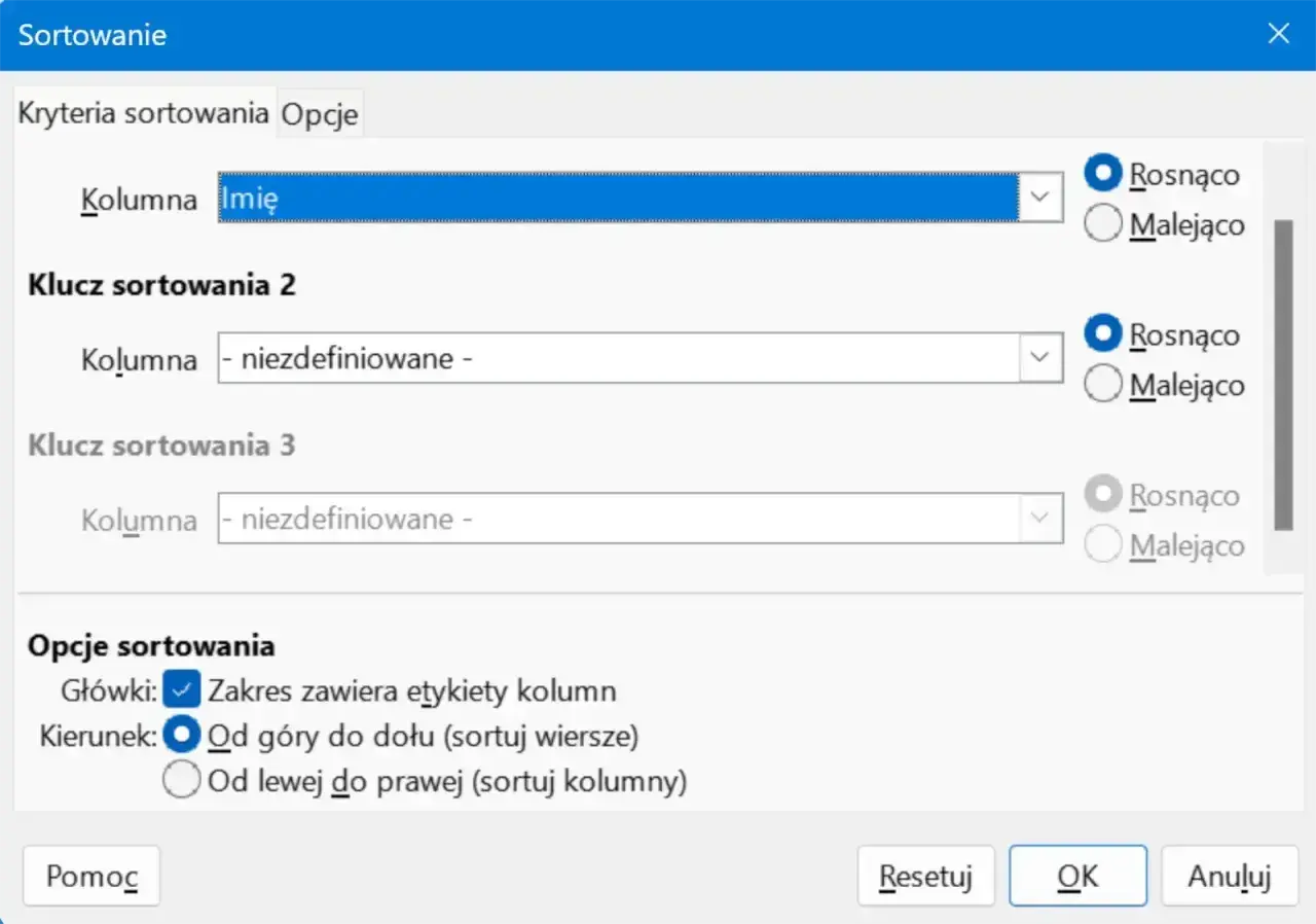 Okno sortowania w Excelu. Ustawianie kryteriów sortowania po kolumnie "Imię" rosnąco.