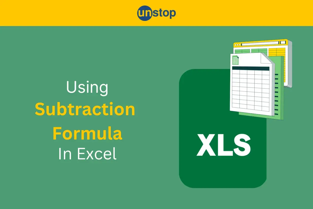 Naucz się odejmowania w Excelu. Grafika przedstawia arkusz kalkulacyjny i tekst "Using Subtraction Formula In Excel".