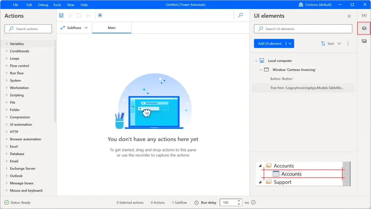 Interfejs Power Automate Desktop z panelami Akcje i Elementy UI. Widoczne elementy