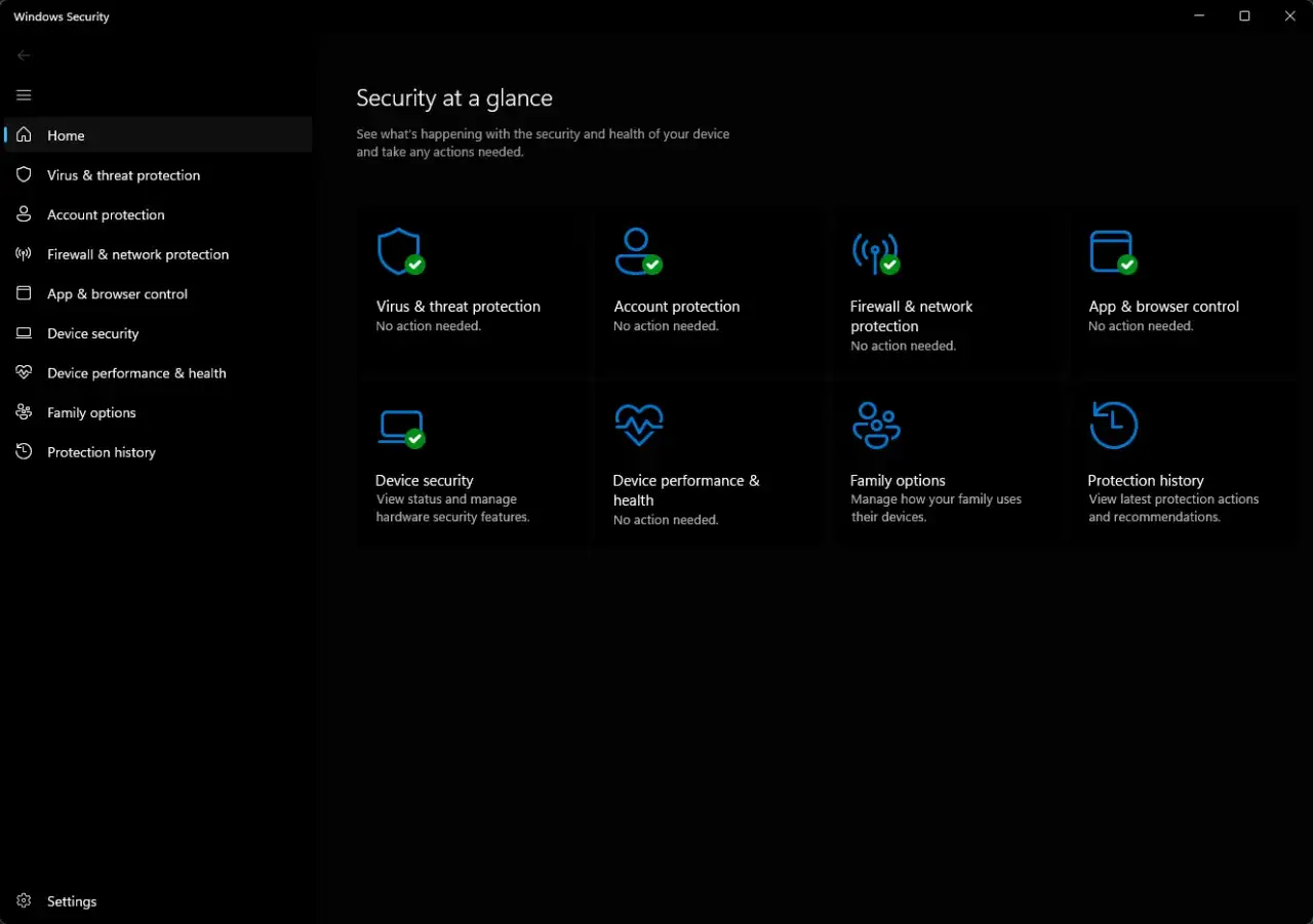 Ekran główny Windows Security, gdzie Microsoft Defender pokazuje stan ochrony: ochrona przed wirusami, kontem, siecią, przeglądarką, urządzeniem, wydajnością i zdrowiem, opcje rodzinne oraz historia ochrony.