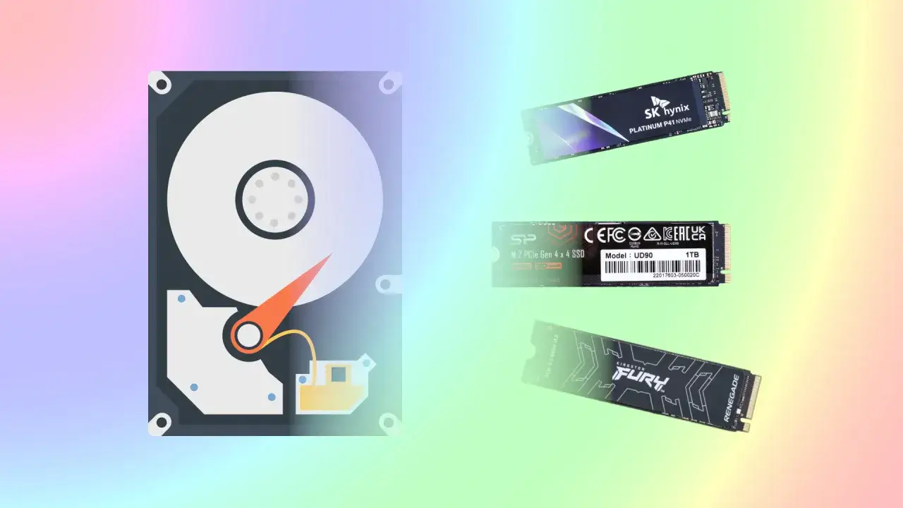 Klonowanie dysku: stary HDD obok nowoczesnych dysków SSD M.2 NVMe.