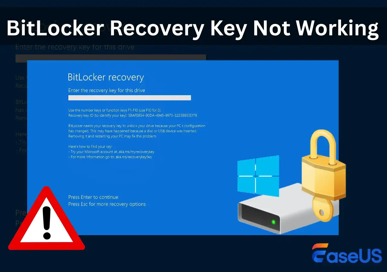 Problem z odzyskiwaniem funkcji BitLocker. Ekran z prośbą o klucz odzyskiwania, z ikoną kłódki i dysku.