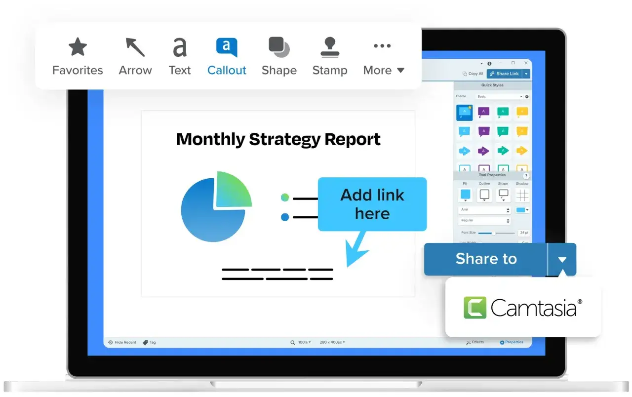 Edytor Snagit na ekranie laptopa z raportem strategicznym i opcjami dodawania linków.