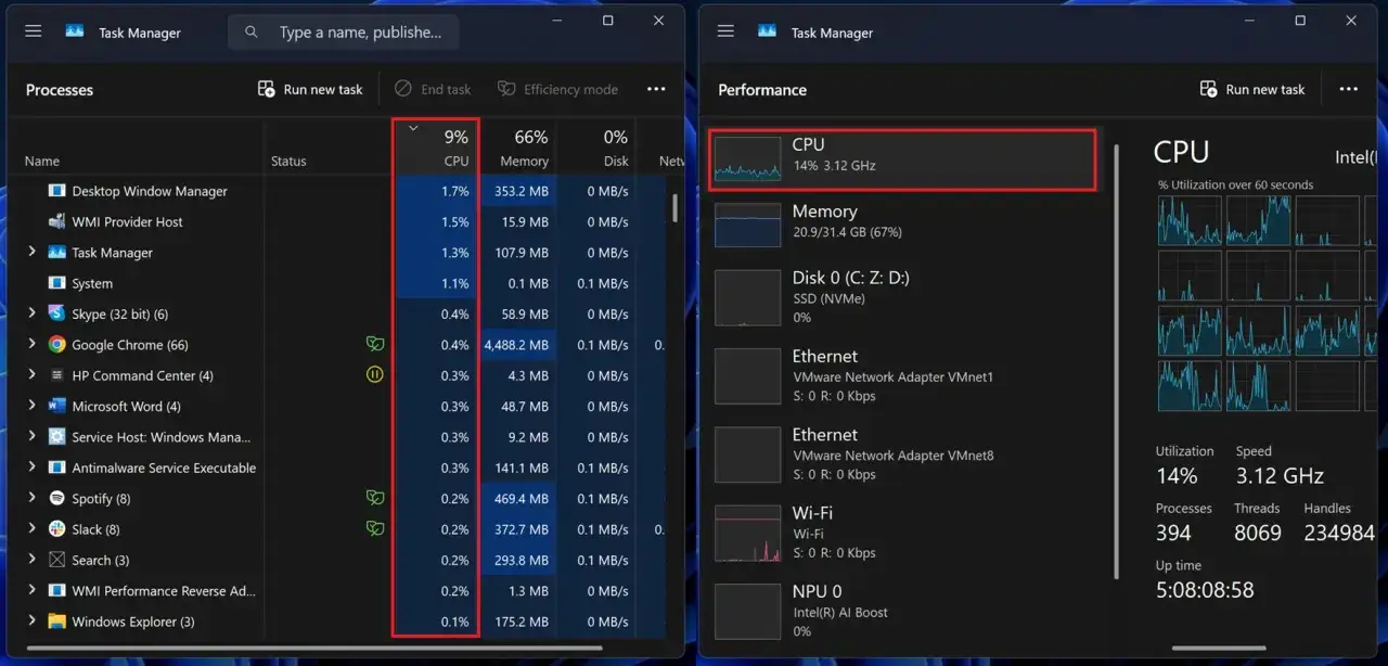 Menedżer zadań pokazuje użycie CPU na poziomie 9% i 14% w różnych widokach. msmpeng.