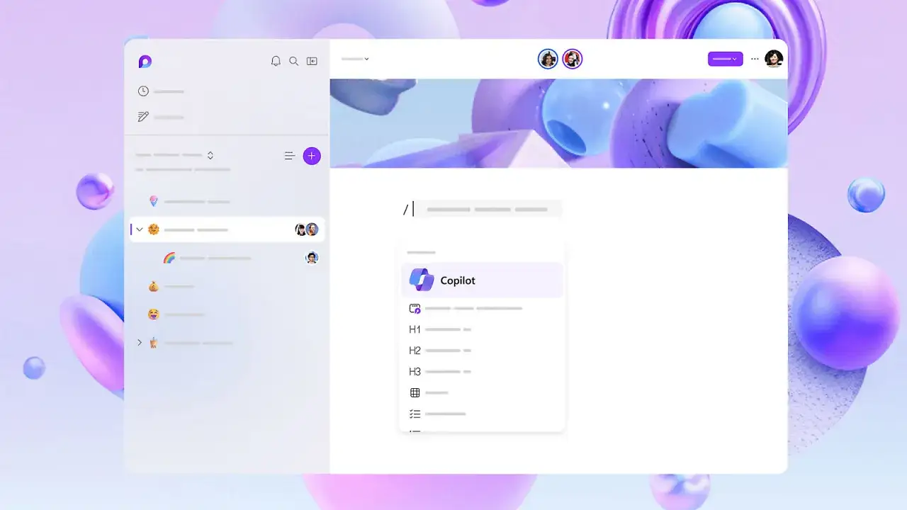 Interfejs Microsoft Loop z opcjami Copilot, nagłówkami i emotikonami.